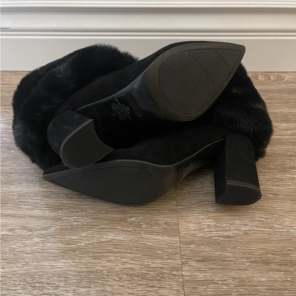 Nine West Black Faux Fur Cuff Pointed Toe Block Heel Ankle Boots - Picture 8 of 10